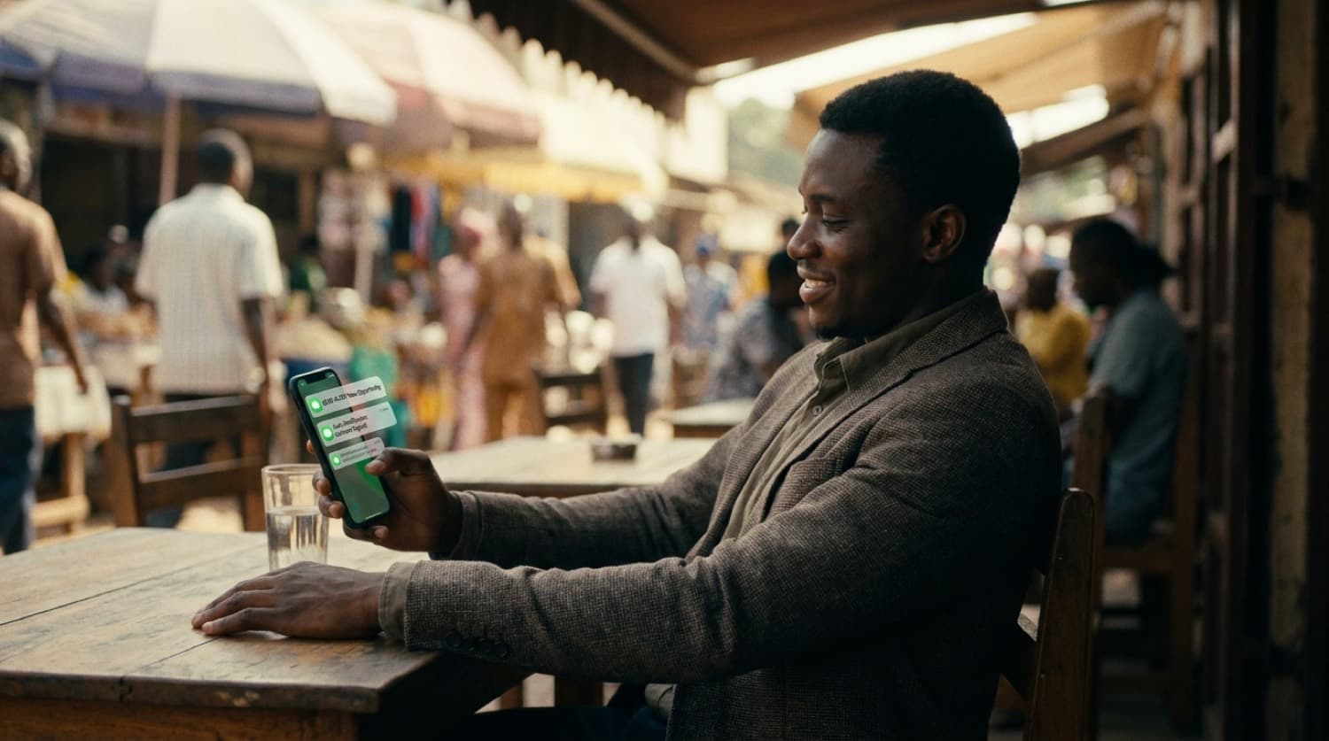 Entrepreneur africain consultant son activité sur smartphone depuis un marché